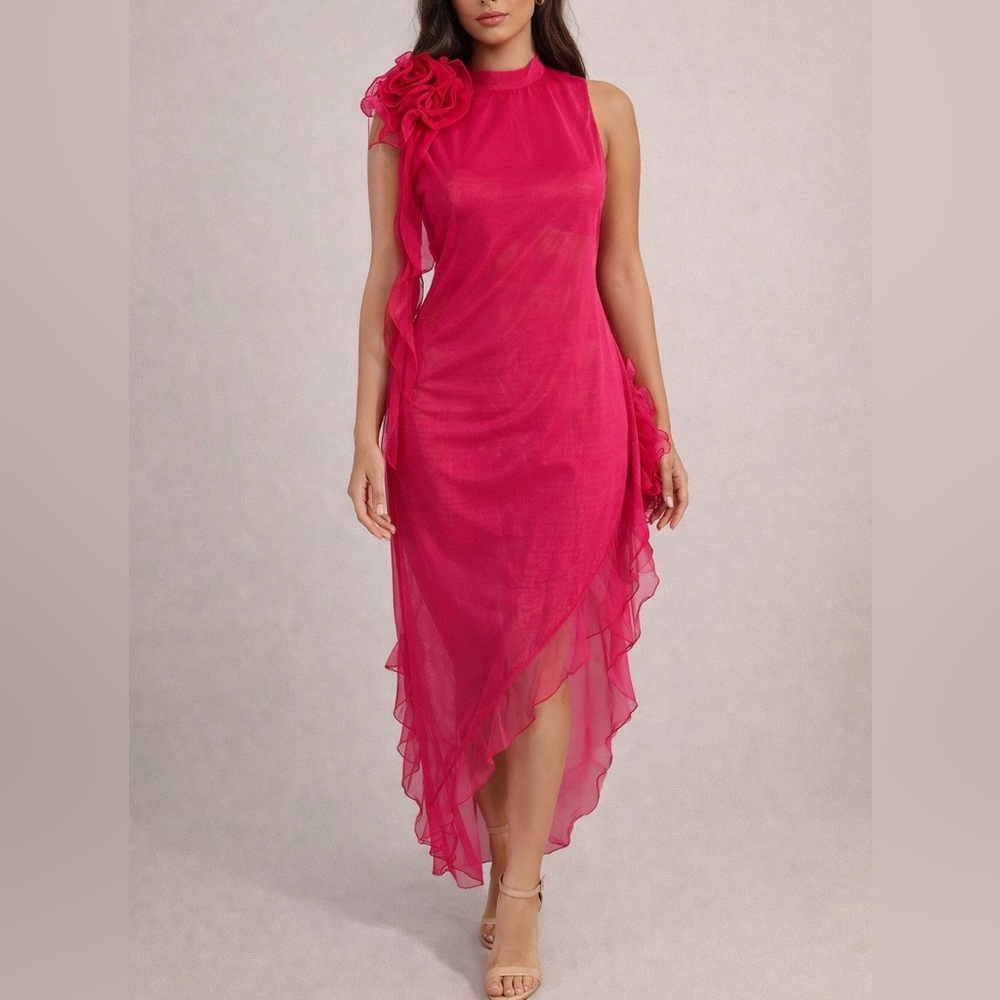 Fashion Nova Hot Pink Sheer Ruffle Midi Dress Sleeveless Size Large NWT